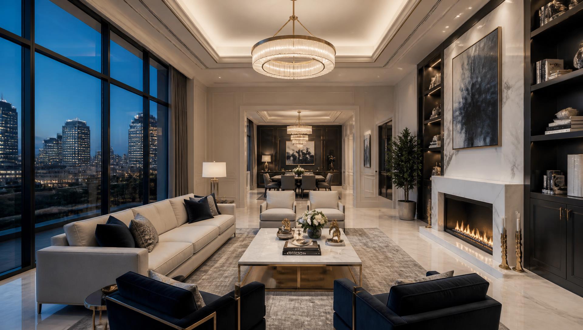 Luxury Houston estate living room with marble fireplace, brass lighting, and floor-to-ceiling glass at dusk